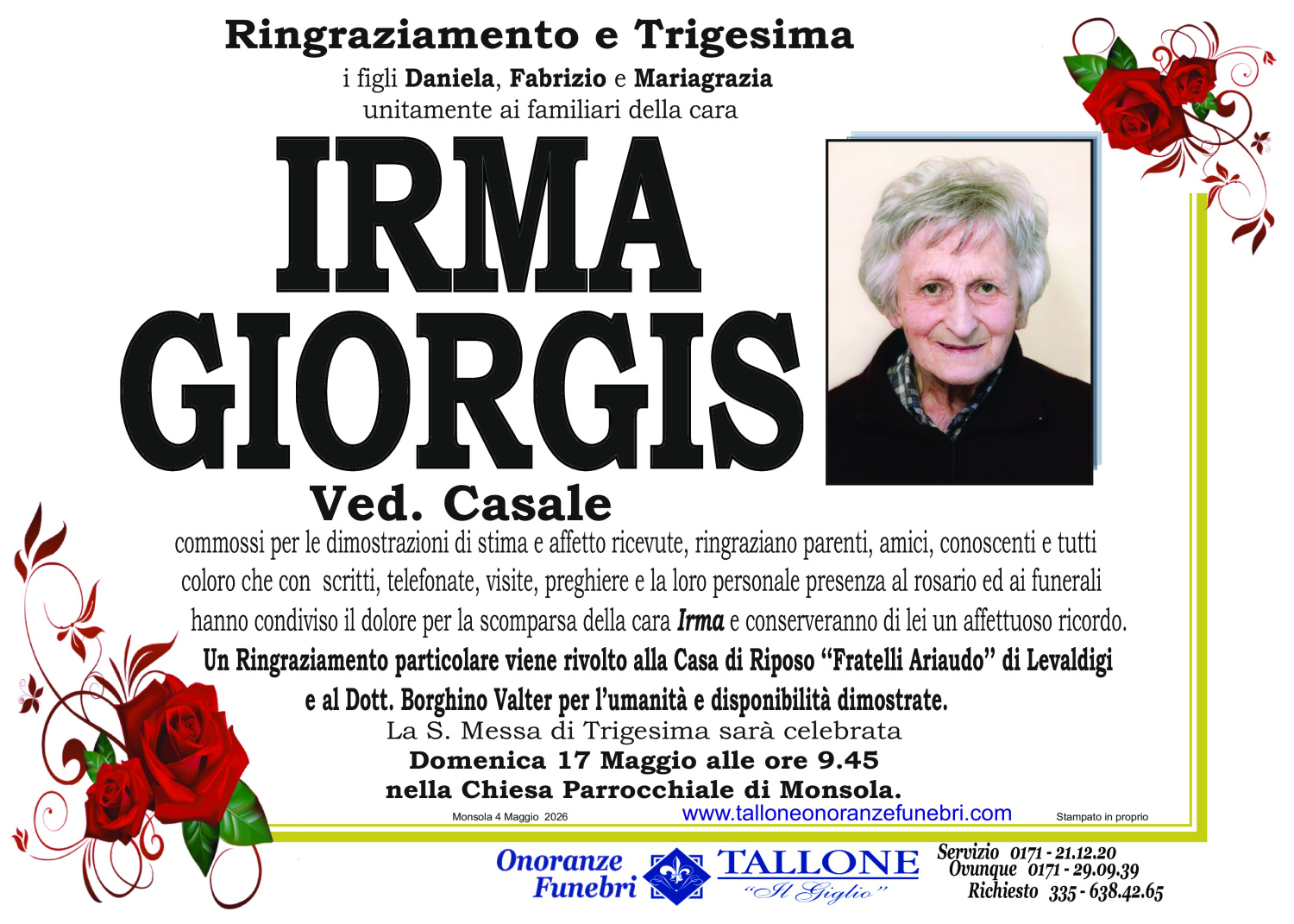 <br />
<b>Warning</b>:  Undefined variable $info in <b>/home/tallone/public_html/ringraziamenti.php</b> on line <b>68</b><br />
Irma Giorgis